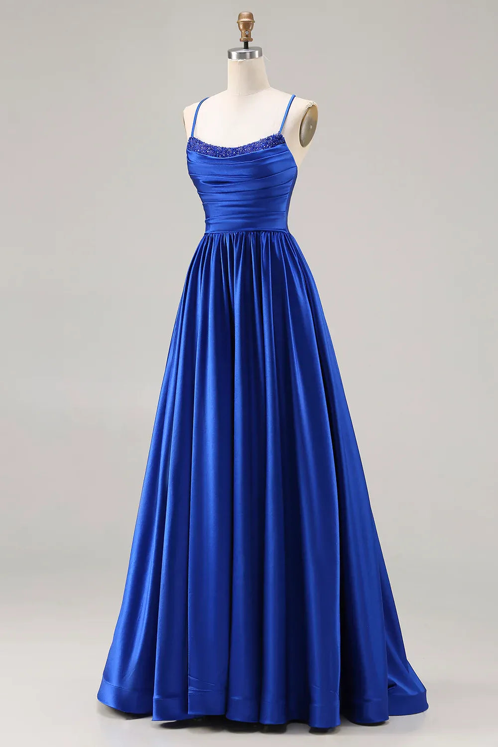 A-Line Spaghetti Strap Ruched Sequin Satin Royal Blue Maxi Prom Dress