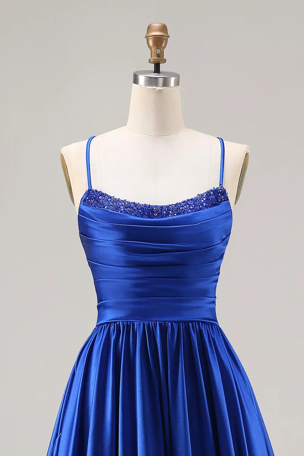 A-Line Spaghetti Strap Ruched Sequin Satin Royal Blue Maxi Prom Dress