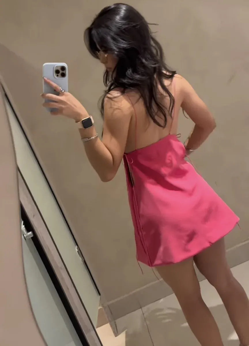 A-Line Spaghetti Strap Tie Side Cutout Fuchsia Short Homecoming Dress