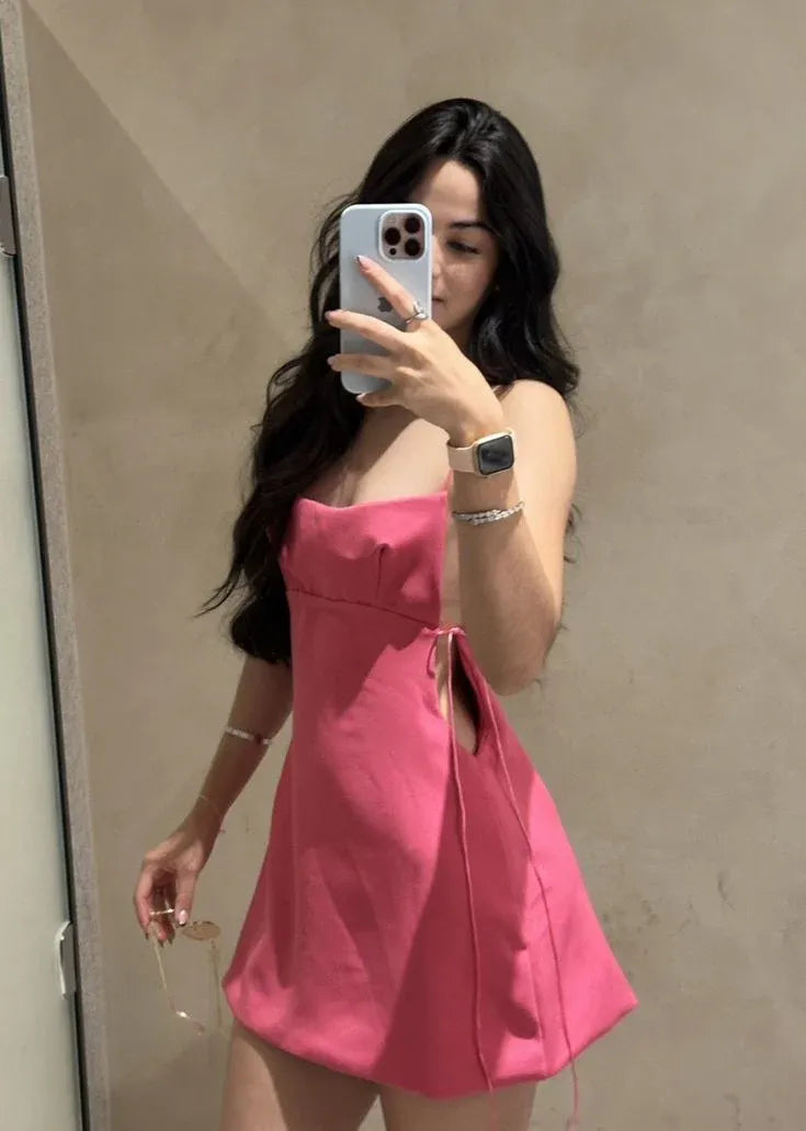 A-Line Spaghetti Strap Tie Side Cutout Fuchsia Short Homecoming Dress