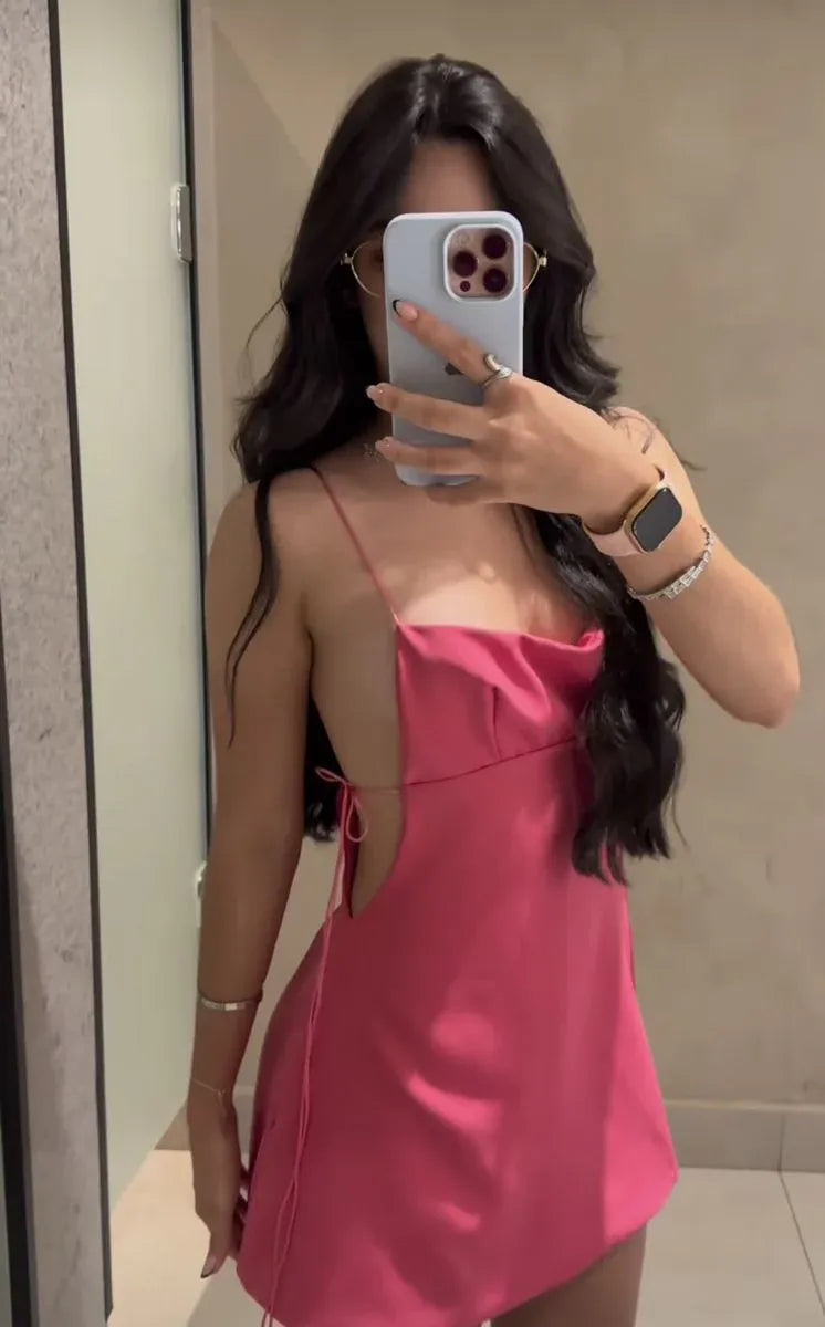 A-Line Spaghetti Strap Tie Side Cutout Fuchsia Short Homecoming Dress