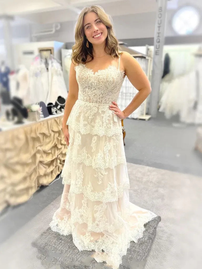 A-Line Spaghetti Strap Tiered Ruffle Floral Lace Ivory Long Prom Dress