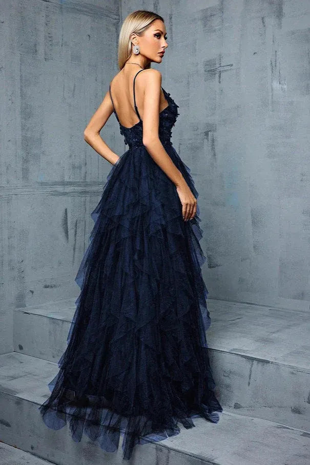A-Line Spaghetti Straps 3D Floral Layers Tulle Navy Blue Floor-Length Prom Dress