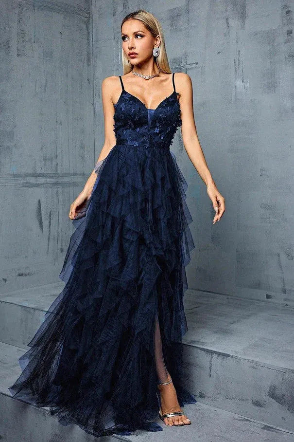 A-Line Spaghetti Straps 3D Floral Layers Tulle Navy Blue Floor-Length Prom Dress
