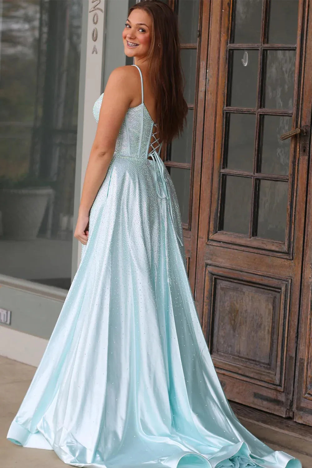 A-Line Spaghetti Straps Beaded Glitter Light Green Long Evening Dress With Slit