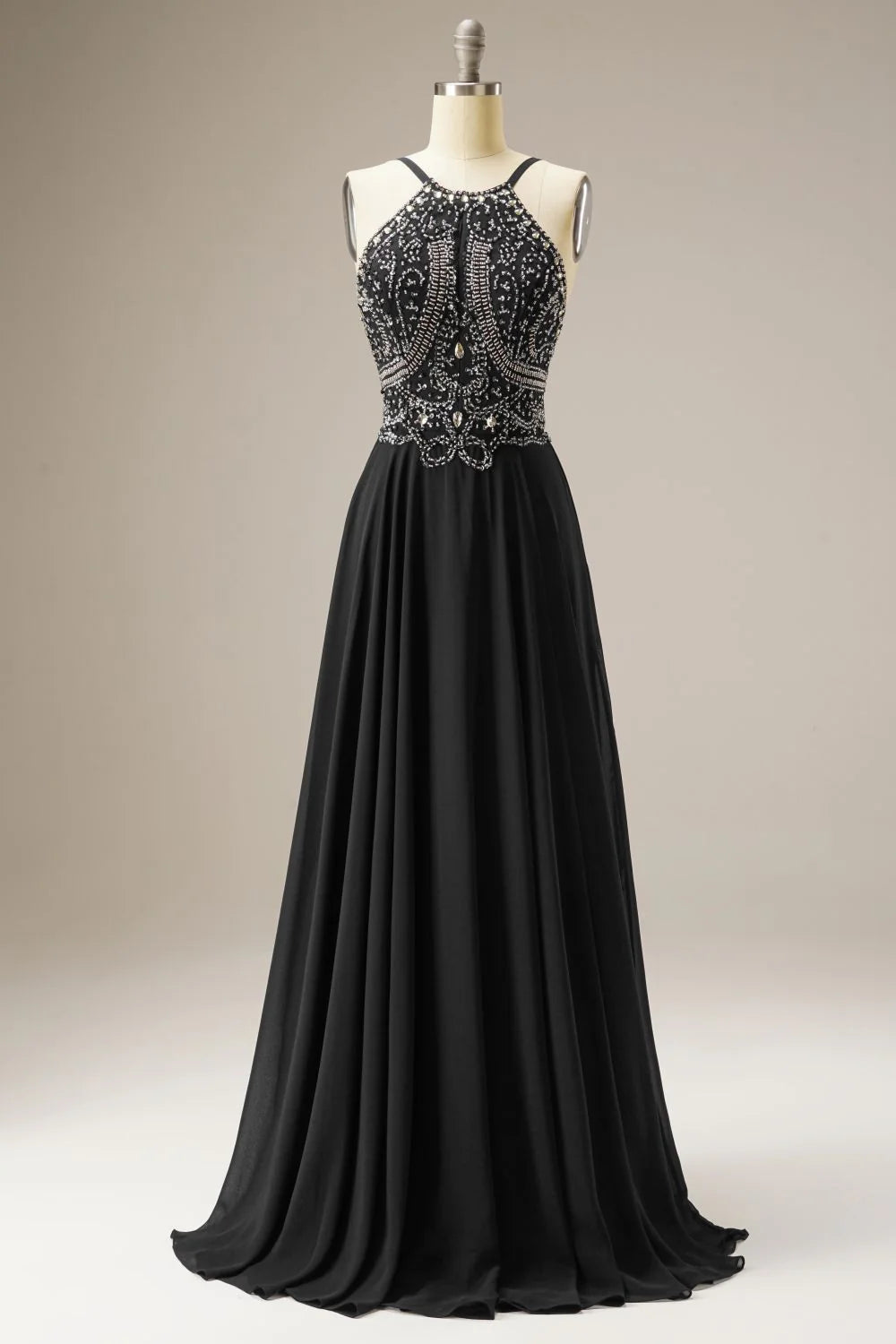 A-Line Spaghetti Straps Chiffon Navy Prom Dress Evening Dress WIth Beading