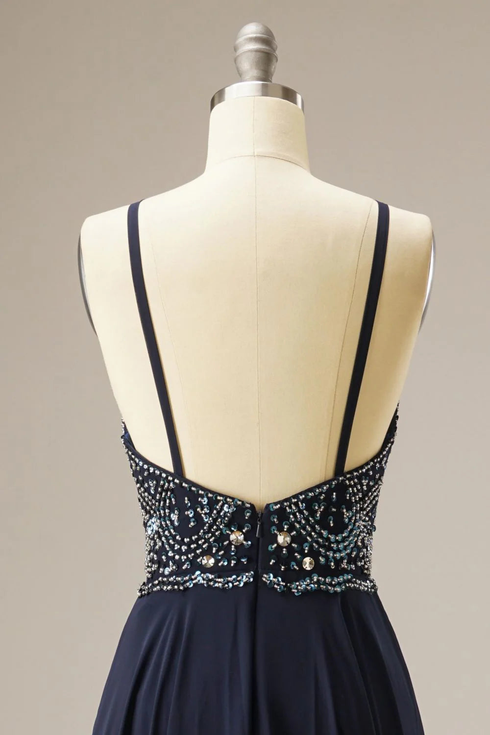 A-Line Spaghetti Straps Chiffon Navy Prom Dress Evening Dress WIth Beading