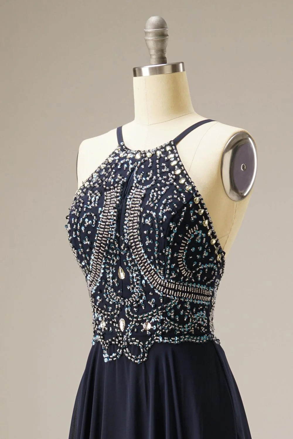 A-Line Spaghetti Straps Chiffon Navy Prom Dress Evening Dress WIth Beading