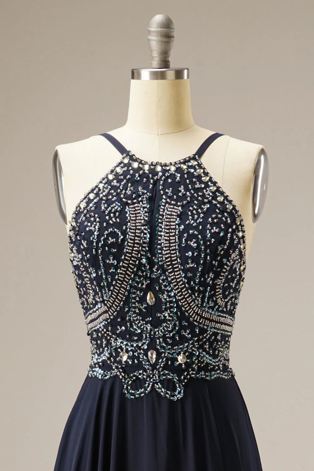 A-Line Spaghetti Straps Chiffon Navy Prom Dress Evening Dress WIth Beading