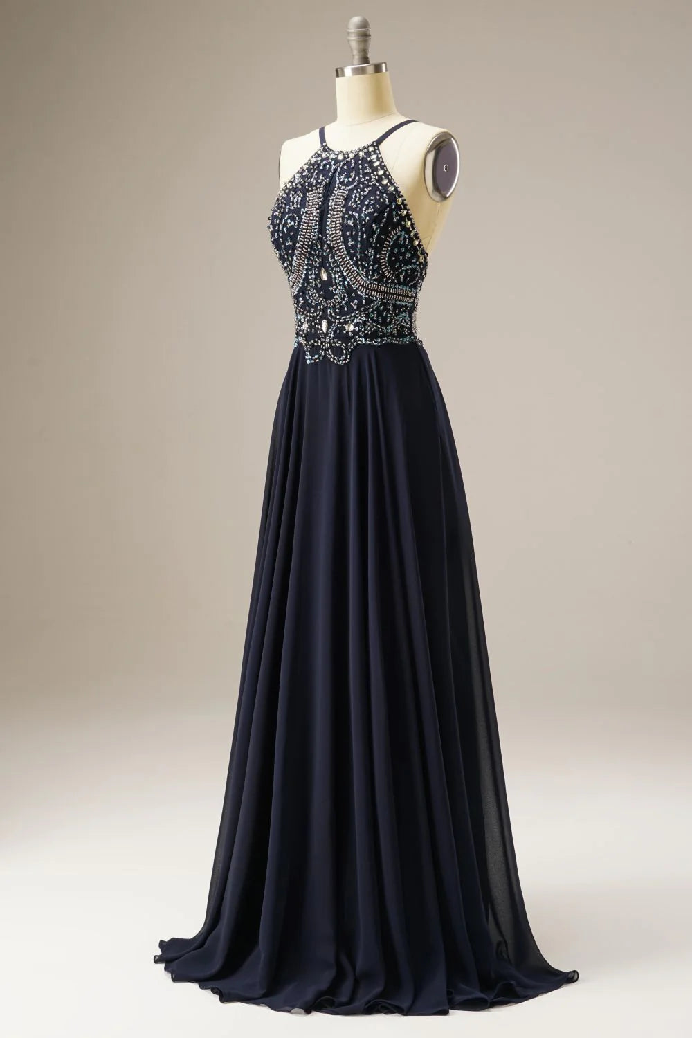 A-Line Spaghetti Straps Chiffon Navy Prom Dress Evening Dress WIth Beading