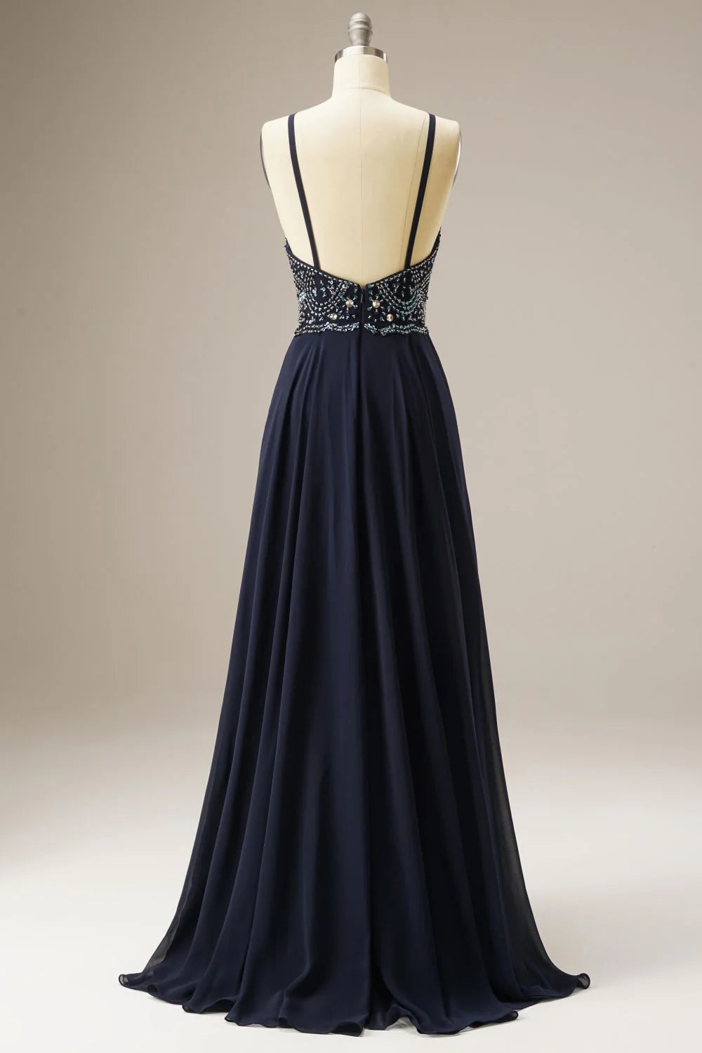 A-Line Spaghetti Straps Chiffon Navy Prom Dress Evening Dress WIth Beading