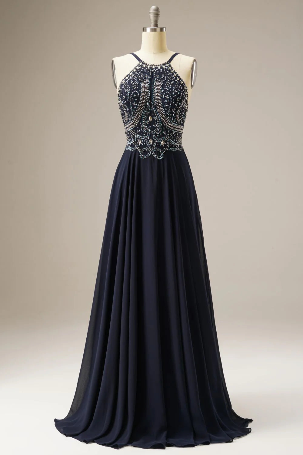 A-Line Spaghetti Straps Chiffon Navy Prom Dress Evening Dress WIth Beading