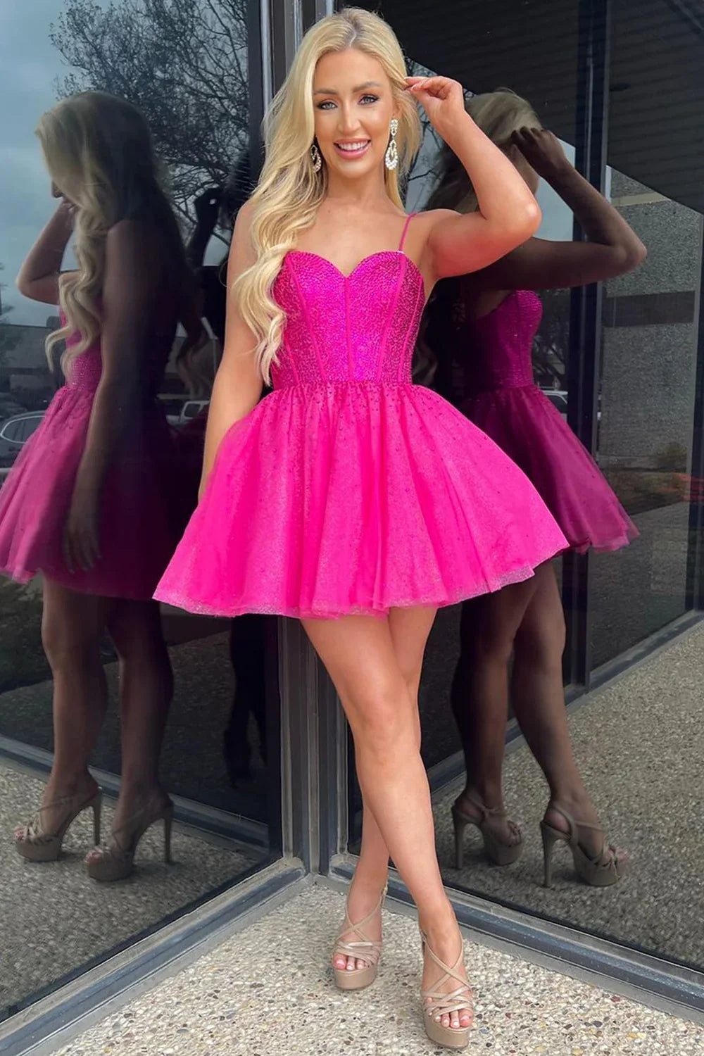A-Line Spaghetti Straps Corset Hot Pink Short Homecoming Dress With Beading