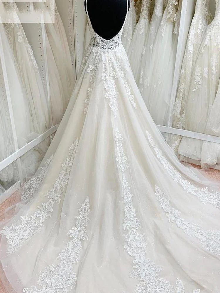 A-Line Spaghetti Straps Lace Tulle Ivory Floor-Length Prom Dress Wedding Dress