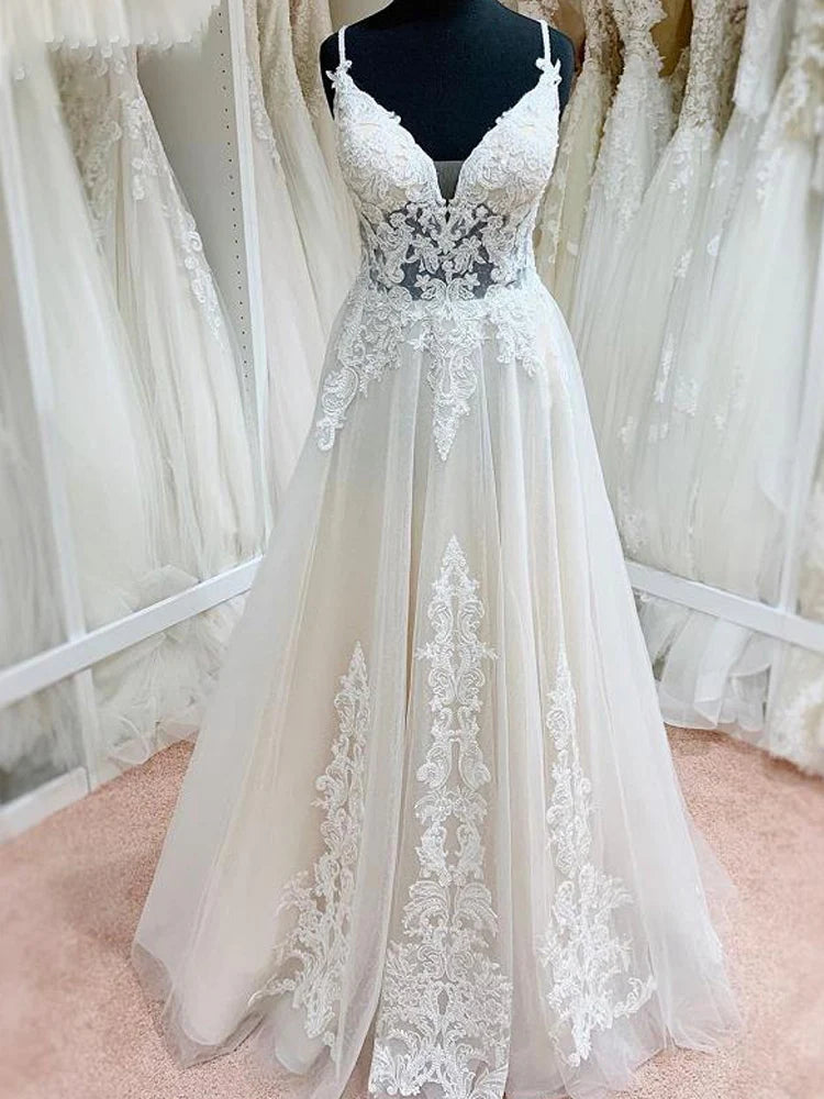 A-Line Spaghetti Straps Lace Tulle Ivory Floor-Length Prom Dress Wedding Dress