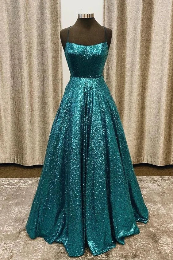 A-Line Spaghetti Straps Lace Up Back Sequin Turquoise Long Prom Dress