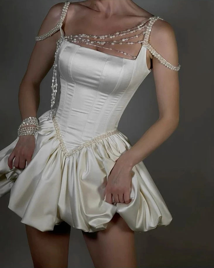 A-Line Spaghetti Straps Pearl Satin Ivory Mini Prom Dress Homecoming Dress