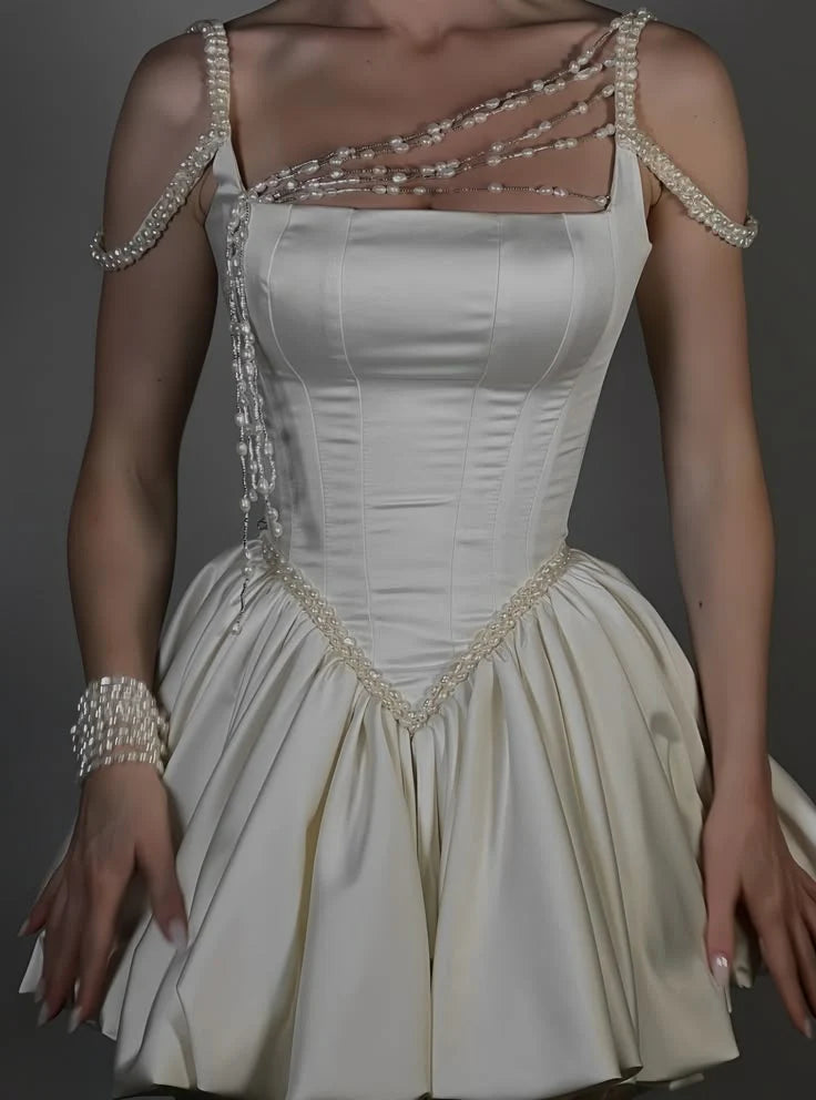 A-Line Spaghetti Straps Pearl Satin Ivory Mini Prom Dress Homecoming Dress