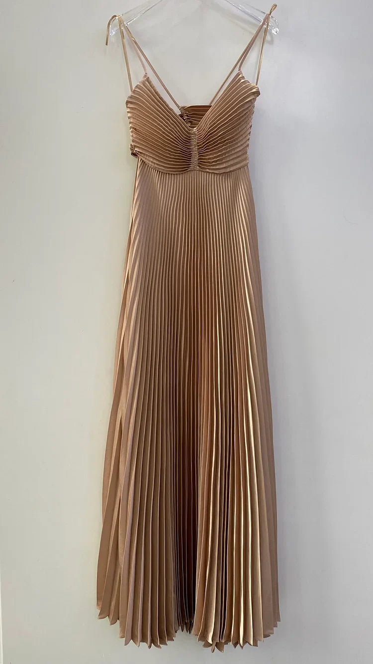 A-Line Spaghetti Straps Pleated Champagne Long Prom Dress For Women