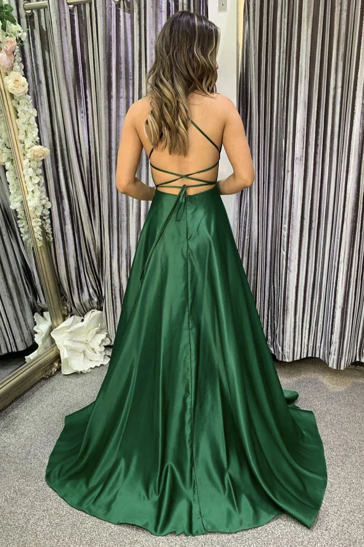 A-Line Spaghetti Straps Satin Green Long Prom Dress Evening Dress