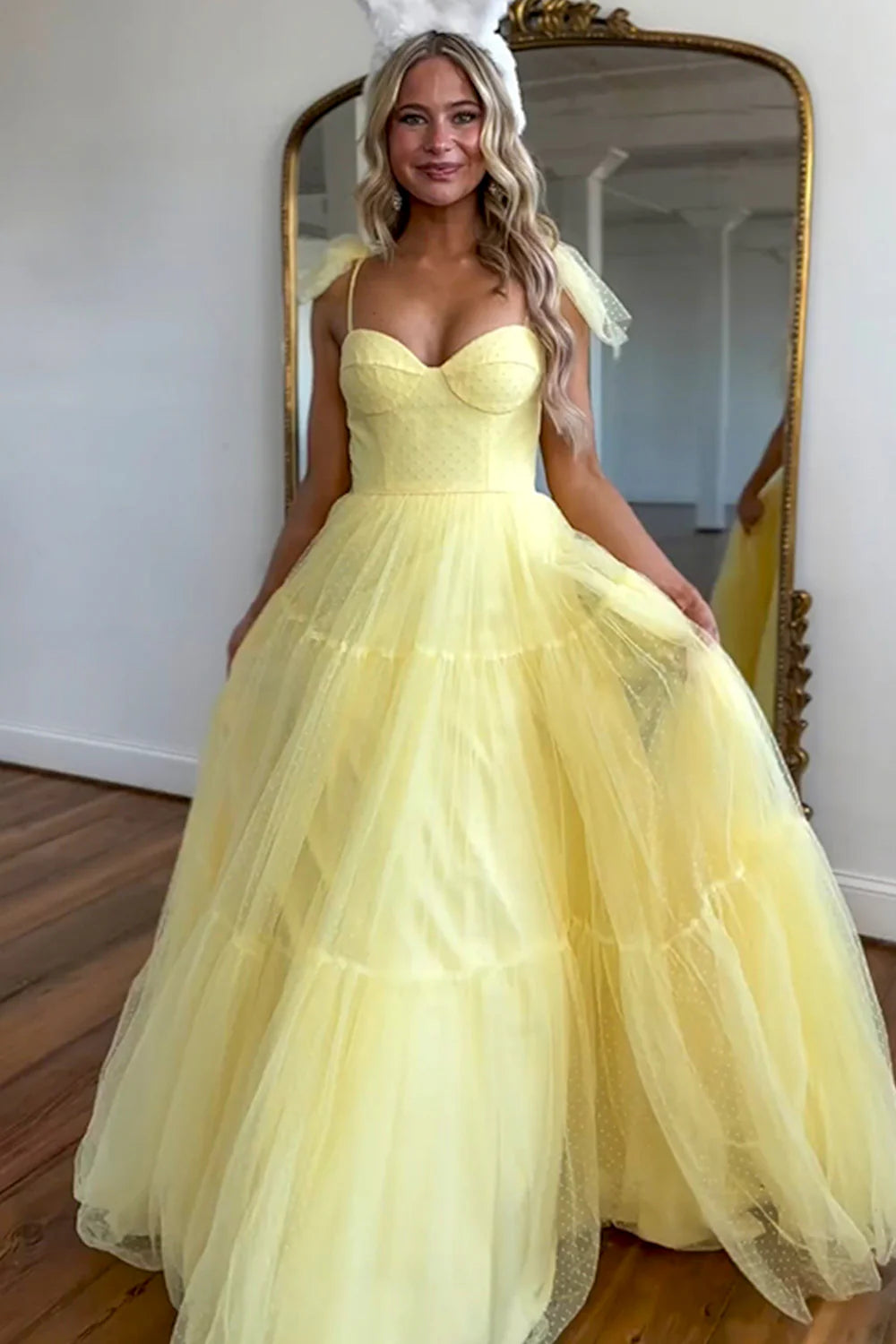 A-Line Spaghetti Straps Tie Polka Dot Tulle Yellow Floor Length Prom Dress