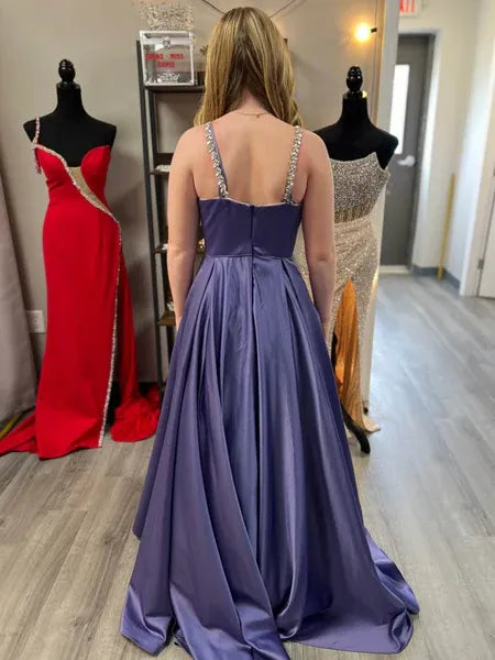 A-Line Square Neck Beaded Satin Lavender Long Prom Dress With Pockets