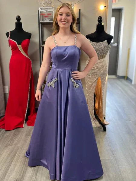 A-Line Square Neck Beaded Satin Lavender Long Prom Dress With Pockets