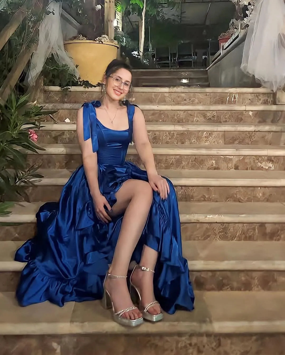 A-Line Square Neck Bow Ruffle Satin Royal Blue Floor Length Prom Dress With Slit