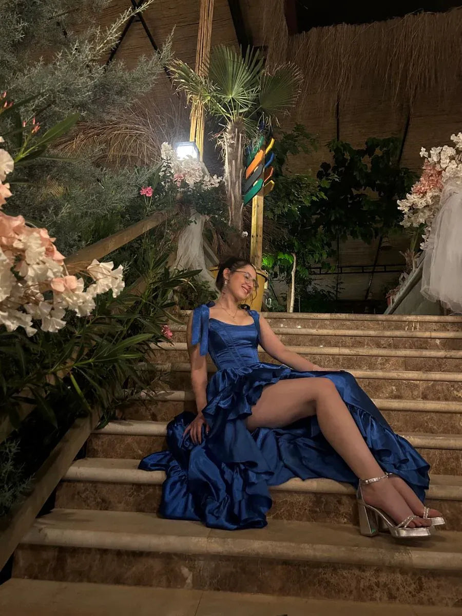 A-Line Square Neck Bow Ruffle Satin Royal Blue Floor Length Prom Dress With Slit