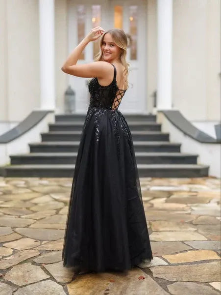 A-Line Square Neck Sequin Lace-Up Tulle Black Long Prom Dress With Slit