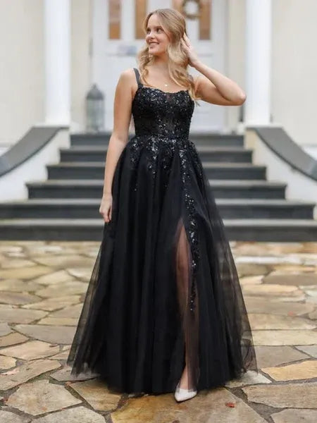 A-Line Square Neck Sequin Lace-Up Tulle Black Long Prom Dress With Slit