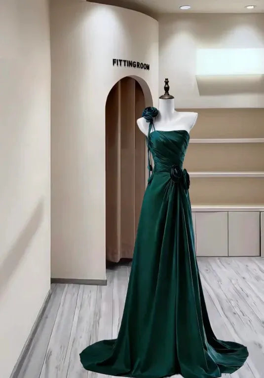 A-Line Strapless 3D Flower Ruched Satin Emerald Long Prom Dress Custom