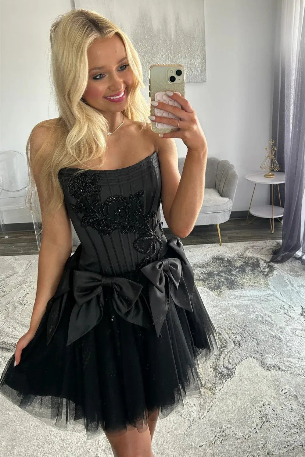 A-Line Strapless Corset Bow Beaded Black Short Homecoming Dress Custom