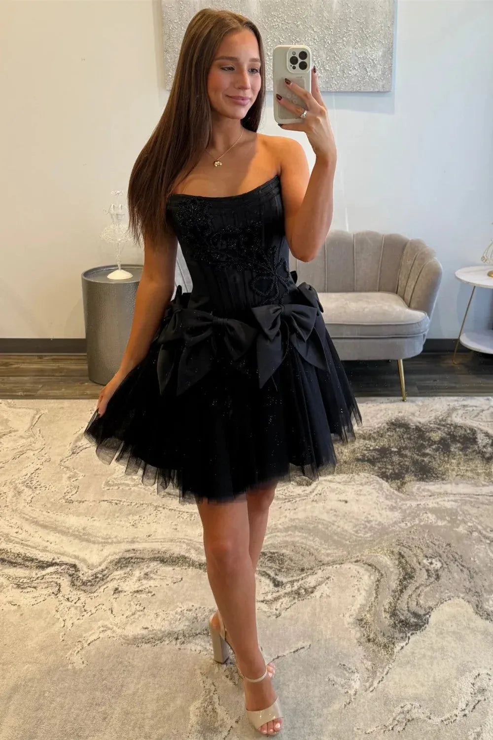 A-Line Strapless Corset Bow Beaded Black Short Homecoming Dress Custom