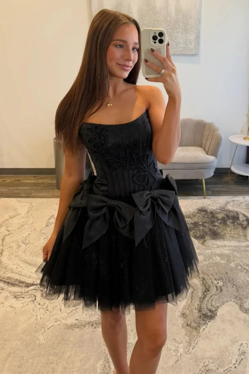 A-Line Strapless Corset Bow Beaded Black Short Homecoming Dress Custom