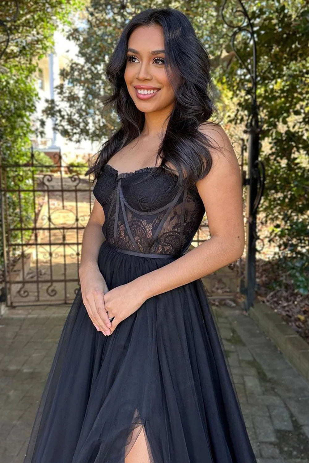 A-Line Strapless Lace Tulle Black Long Prom Party Dress With Split