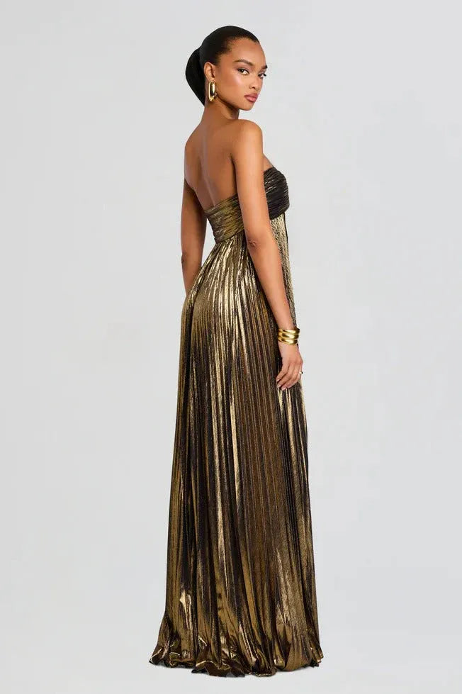 A-Line Strapless Pleated Gold Floor Length Prom Dress With High Slit Ready To Ship