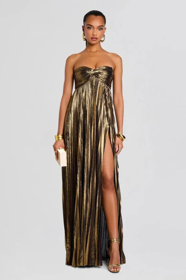 A-Line Strapless Pleated Gold Floor Length Prom Dress With High Slit Ready To Ship