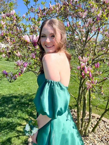 A-Line Strapless Puff Sleeve Corset Satin Green Prom Dress With Train