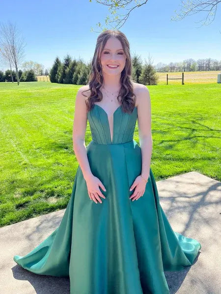 A-Line Strapless Puff Sleeve Corset Satin Green Prom Dress With Train