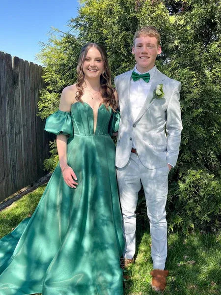 A-Line Strapless Puff Sleeve Corset Satin Green Prom Dress With Train