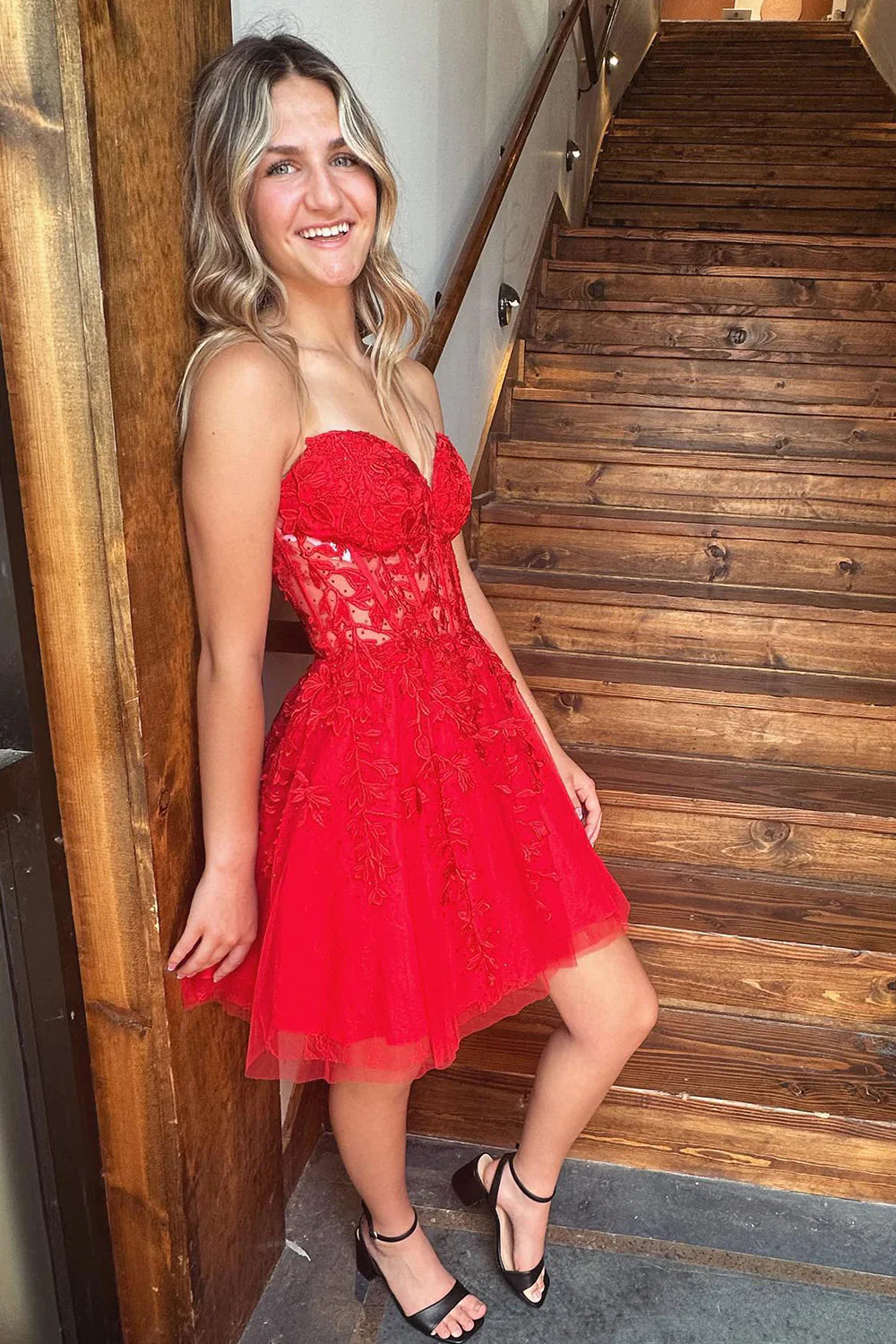 A-Line Strapless Tulle Light Blue Short Homecoming Dress with Appliques