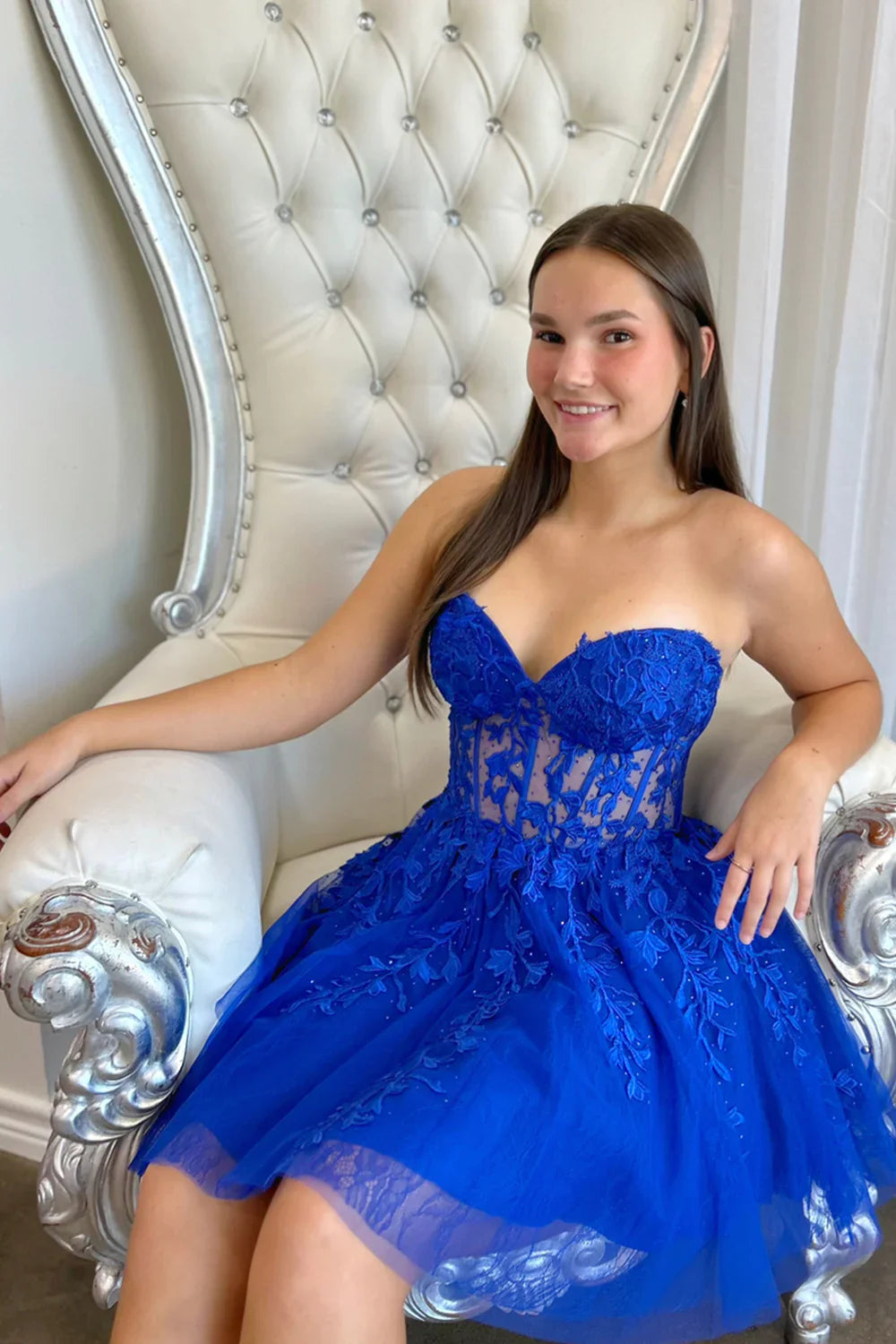 A-Line Strapless Tulle Light Blue Short Homecoming Dress with Appliques