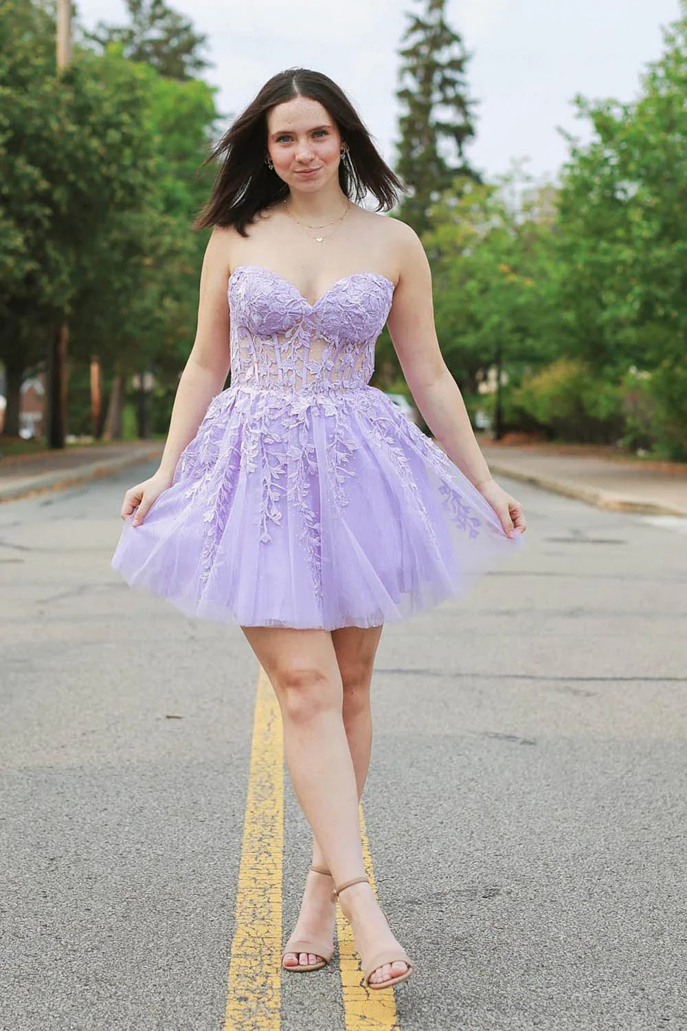 A-Line Strapless Tulle Light Blue Short Homecoming Dress with Appliques