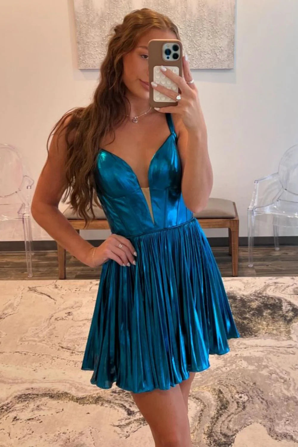 A-Line Straps Open Back Metallic Dark Blue Short Homecoming Dress