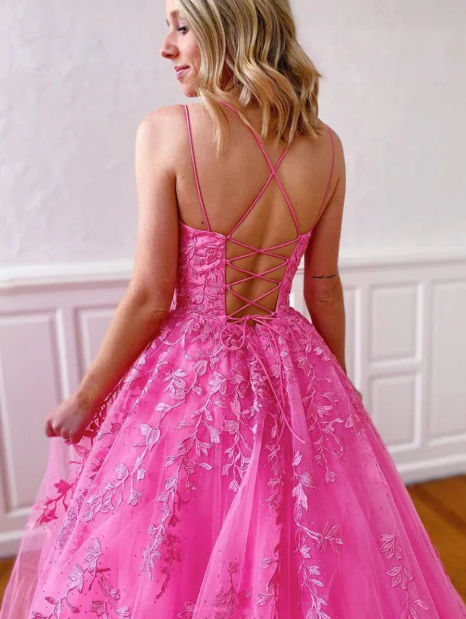 A-Line Straps Scoop Appliques Tulle Hot Pink Floor Length Prom Dress
