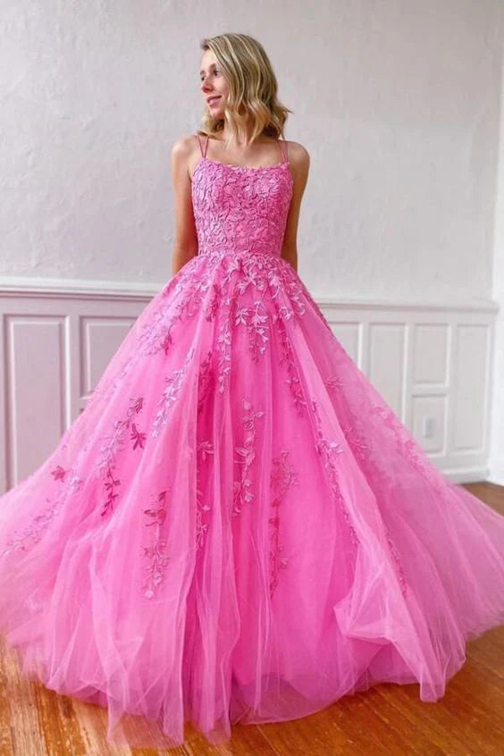 A-Line Straps Scoop Appliques Tulle Hot Pink Floor Length Prom Dress