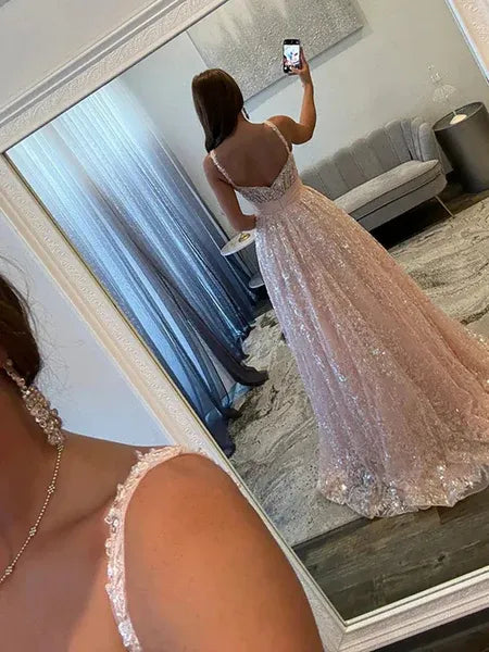 A-Line Sweetheart Corset Glitter Blush Long Prom Dress With Bow