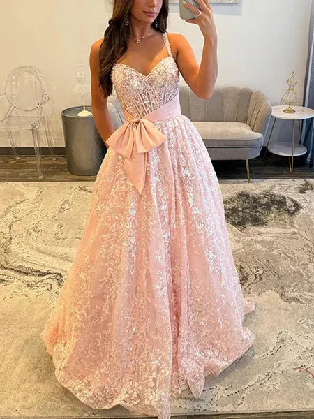 A-Line Sweetheart Corset Glitter Blush Long Prom Dress With Bow