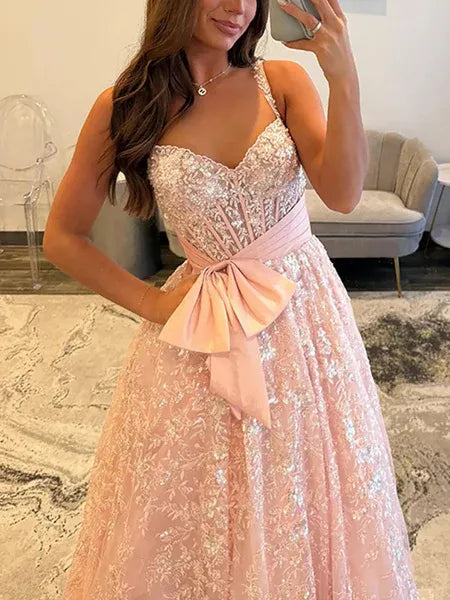A-Line Sweetheart Corset Glitter Blush Long Prom Dress With Bow